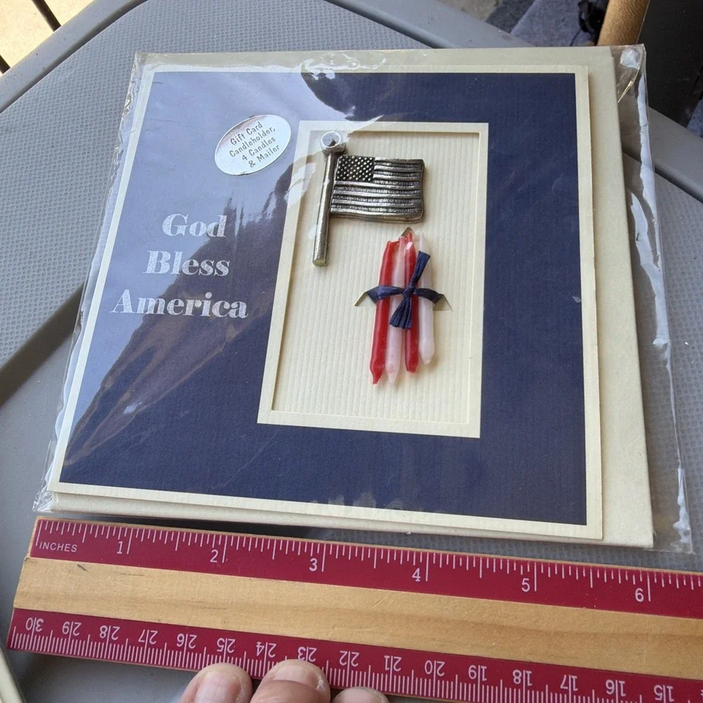 Lighten-Up Gifts Pewter Flag VTG Candle Holder Card 4 Candles 